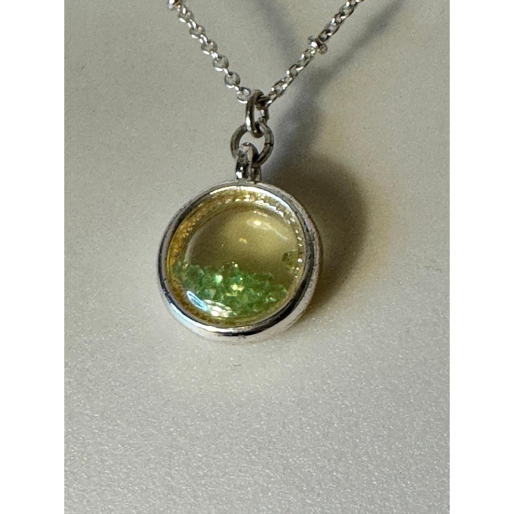 Vintage LC Pendant Necklace Silver Green Floating Crystal Shaker Circle